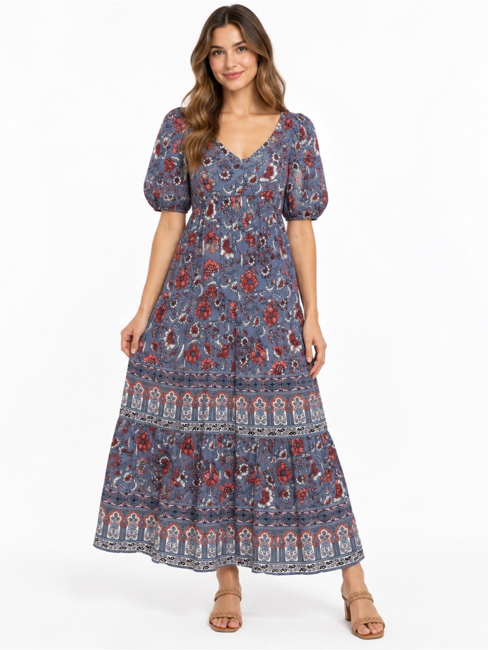 Knox Rose Floral Maxi Dress M Blue Puff Sleeve Smocked Boho Border Print